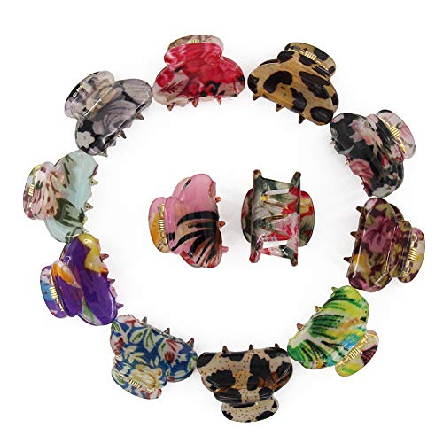 Carede Mini 1.2 inch Plastic No-Slip Grip Jaw Hair Clip,Floral Printed Small Acrylic Hair Claw Clips for Girls and Women,Pack of 12