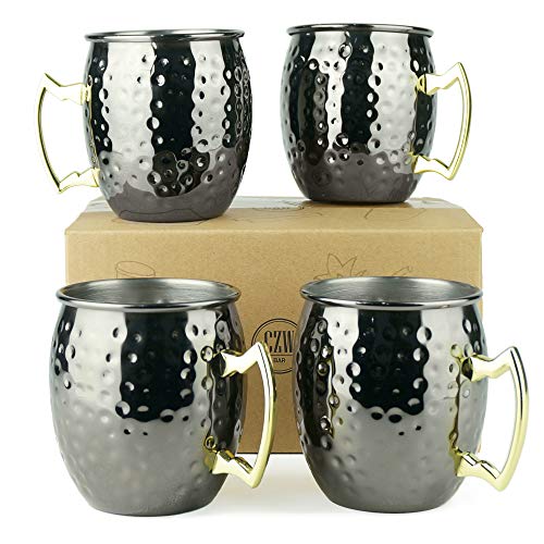 PG Black Color Stainless Steel Moscow Mule Mug - Set of 4 - Dimple Finish - Brass Handle