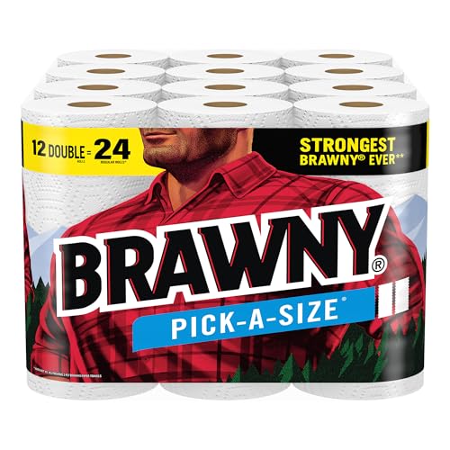 Brawny Pick-A-Size Paper Towels, 12 Double Rolls = 24 Regular Rolls, 2 Sheet Sizes (Half or Full), Strong Paper Towel For Everyday Use