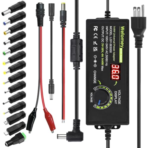 3V~36V 4A 144W Universal Power Supply 3V 5V 6V 9V 12V 15V 18V 20V 24V 30V 36V Adjustable Variable Switching AC/DC Adapter, 100V-240V AC to DC Converter with 14 Tips & Polarity Converter & Test Lead
