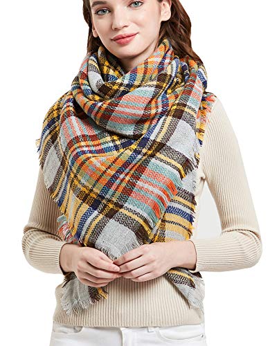 Wander Agio Womens Warm Blanket Scarf Square Shawls Infinity Scarves Stripe Plaid Beige Grey 21