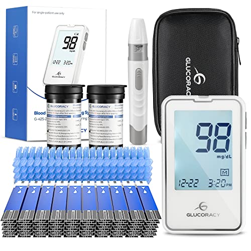 Glucoracy Blood Glucose Monitor Kit with 100 Blood Sugar Test Strips & Lancets, Glucometer, Lancing Device, Travel Case, Diabetic Home Testing Kit