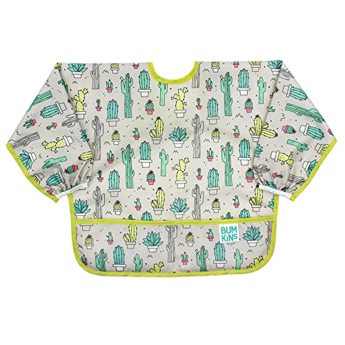 Bumkins Sleeved Bib for Girl or Boy, Baby and Toddler for 6-24 Mos, Essential Must Have for Eating, Feeding, Baby Led Weaning Supplies, Long Sleeve Mess Saving Food Catcher, Soft Fabric, Cactus Green
