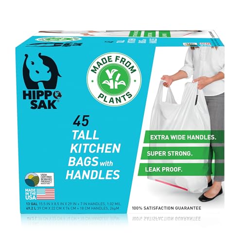 Hippo Sak - Plant Based Tall Kitchen Garbage Bags with Ergonomic Handles - 13 Gallon Trash Bags - Recyclable & Eco Friendly - Super Strong and Leak Proof Tall Kitchen Trash Bags (45 Count)