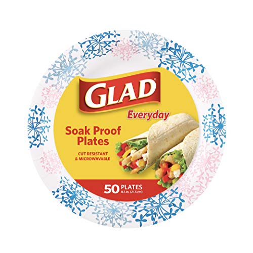 Glad Round Disposable Paper Plates for All Occasions | Soak/ Cut Proof, Microwaveable Heavy Duty Disposable 8.5' Diameter, 50 Count Bulk Plates, Pink Hydrangea