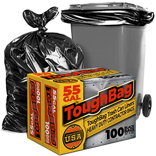 ToughBag 55 Gallon Trash Bags, Large 55-60 Gallon Industrial Trash Bags, Black Garbage Bags, 38 x 58' (100 COUNT) - Outdoor Trash Can Liners for Commercial, Janitor, Lawn and Leaf - Made in USA