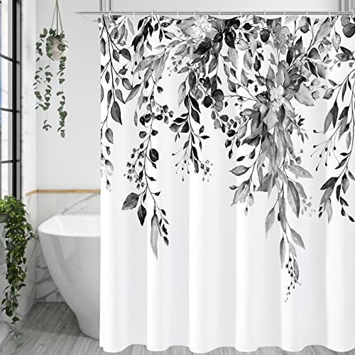 Gibelle Black and White Eucalyptus Shower Curtain, Grey Watercolor Plant Leaves with Floral Bathroom Shower Curtain Set with Hooks, 72x72