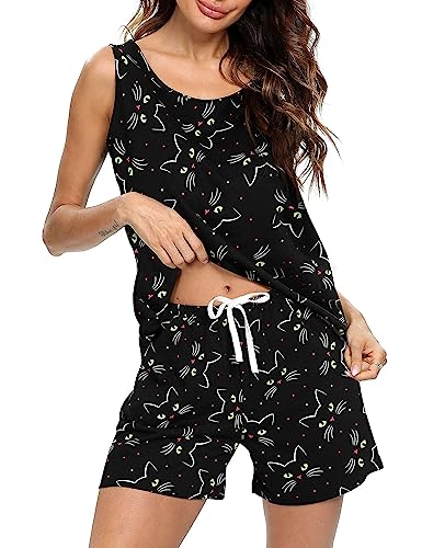 ENJOYNIGHT Women's Cute Sleeveless Print Tee and Shorts Sleepwear Tank Top Pajama Set (X-Large, Black Cat)