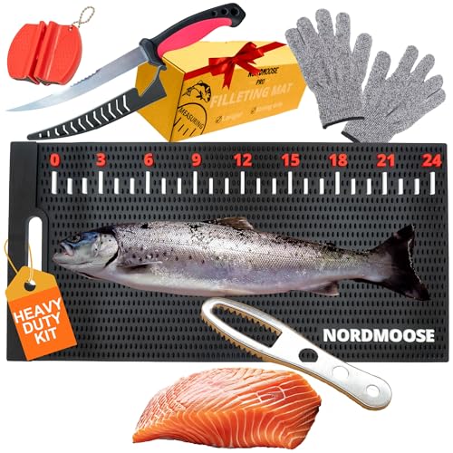 Fish Fillet Mat Kit with Fish Ruler Decal and Fillet Knife, Cutting Gloves. Large 28'x14' Nonslip Fish Cleaning Mat that Grips the Fish - Durable & Easy to Clean, Portable Fish Cutting Board