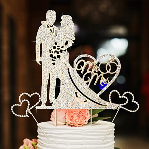 Spiareal 3 Pack Mr and Mrs Cake Topper Rhinestone Metal Love Wedding Cake Topper Crystal Heart Shaped Cake Toppers Funny Diamond Bride and Groom Anniversary Party Cake Decoration Gold