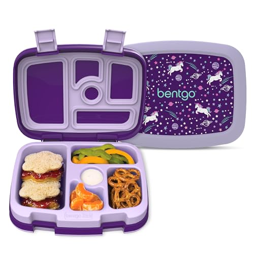 Bentgo Kids Prints Leak-Proof, 5-Compartment Bento-Style Kids Lunch Box - Ideal Portion Sizes for Ages 3-7, Durable, Drop-Proof, Dishwasher Safe, & Made with BPA-Free Materials (Unicorn)