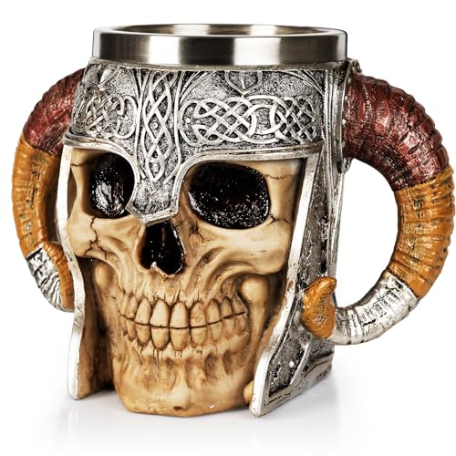 Skull Mug Viking Mugs/Drinking Cup - Unique Skeleton Resin Beer Stein Tankard Coffee Mug Tea Cup - Halloween Bar Drinkware Gift for Men，Valentine's Day Present