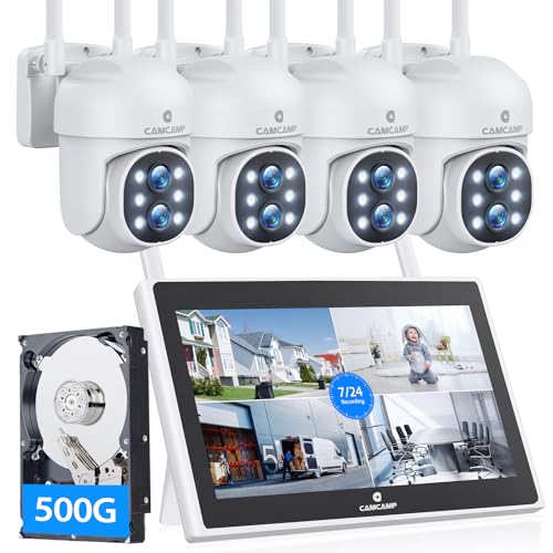 【LCD Screen+2-Way Audio】CAMCAMP Home Security Camera System with 10.1'LCD Monitor, 4Pcs 2K Outdoor WiFi PTZ Wireless Security Dual Lens Cameras, 10CH Expandable NVR,Color Night Vision,Motion Tracking