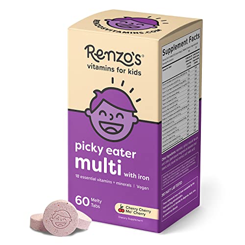 Renzo's Picky Eater Kids Multivitamin with Iron - Dissolving Kids Vitamins with Vitamin D3 & K2 and More - 60 Sugar-Free Melty Tabs, Cherry Cherry Mo’ Cherry Flavored