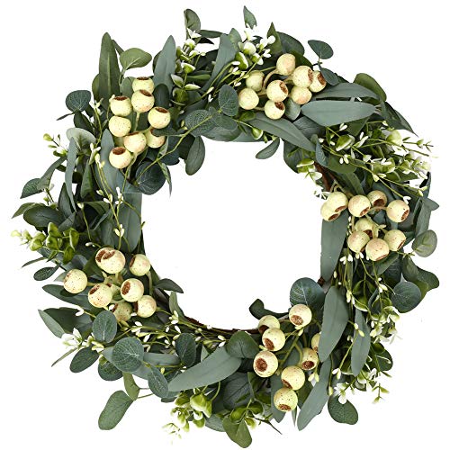 JINGHONG Artificial Spring Wreath 20 Inch Summer Wreaths for Front Door Green Eucalyptus Wreath with Big Berries for Outside All Seasons Indoor Outdoor Decor