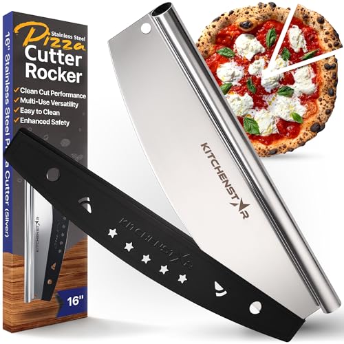 16' Pizza Cutter Rocker by KitchenStar - Razor Sharp Stainless Steel Slicer Knife with Blade Cover, Large + Dishwasher Safe - Premium Pizza Oven Accessories