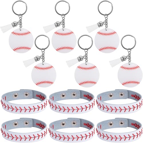 12 Pcs Genuine Leather Baseball Bracelets and Baseball Keychains Set- Adjustable Baseball Charm Wristband Baseball Keyrings- Baseball Theme Bracelets Keychains Gifts for Athlete Players Sports Team