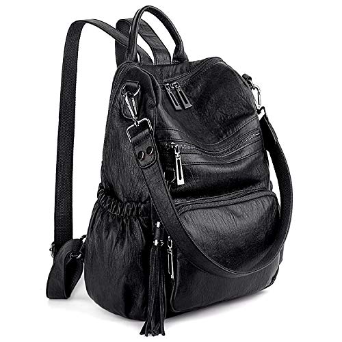 UTO Women Backpack Purse Leather Vegan Ladies Fashion Designer Rucksack Convertible Travel Shoulder Bag with Tassel Black