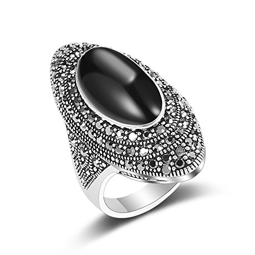 Mytys Retro Vintage Cocktail Statement Ring Black Marcasite & Crystal Rings for Women Girls Antique Silver Big Black Onyx Stone Ring (Silver 3, 9)