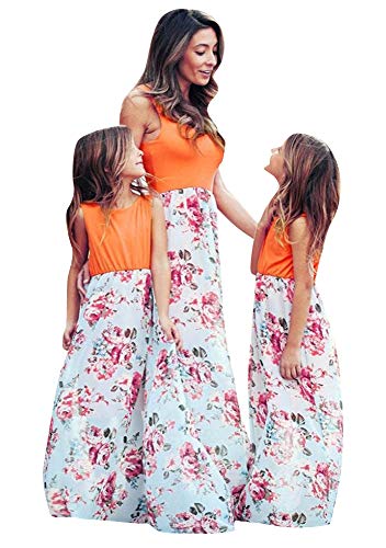 YMING Mother and Daughter Casual Sleeveless Dress A Line Swing Dresses Dot Print Boho Dress Orange Flower 9-10 Years