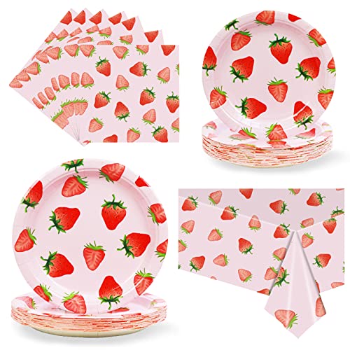 Strawberry Party Tableware Set,Strawberry Birthday Party Decoration,Summer Fruit Party Supplies Paper Plates Napkins Tablecloth for 25 Guests Perfect for Birthday Summer Fruit Party 1st Party