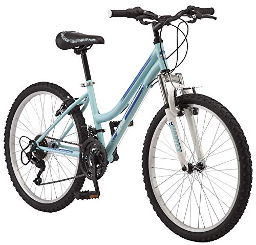 Pacific Mountain Sport Youth/Adult Hardtail Mountain Bike, Boys and Girls, 24-Inch Wheels, 18 Speed Twist Shifters, Front Suspension, Steel Frame, Light Blue