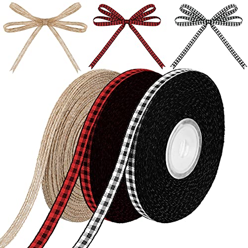 Christmas Ribbons Black Red Buffalo Plaid Fabric Ribbon Black and White Checked Gingham Ribbon 25 Yards Natural Burlap Ribbons Rustic Wrapping Ribbon for DIY Craft Party Decor (0.24 Inch)