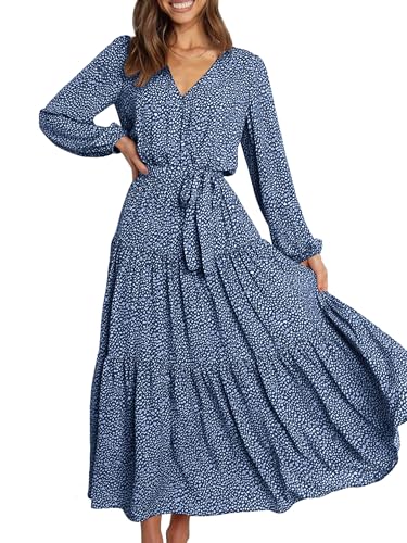 PRETTYGARDEN Womens Long Sleeve Floral Wrap V Neck Ruffle Tiered Maxi Dress Casual Tie Waist Boho Chiffon Flowy Long Dress(Blue,Small)