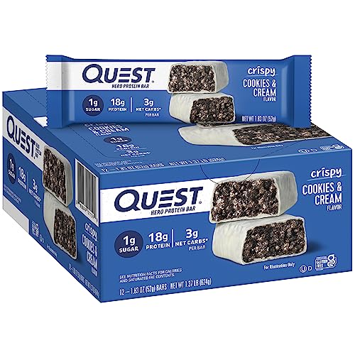 Quest Nutrition Crispy Cookies & Cream Hero Protein Bar, 18g Protein, 1g Sugar, 3g Net Carb, Gluten Free, Keto Friendly, 12 Count