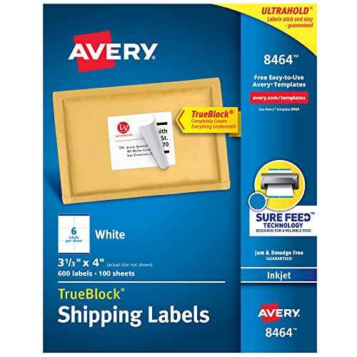 Avery Printable Shipping Labels with Sure Feed, 3-1/3' x 4', White, 600 Blank Mailing Labels (8464)