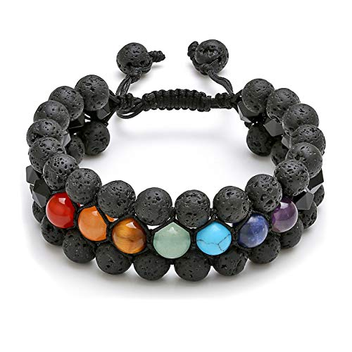 Jovivi 7 Chakra Bracelet Multi-layer Black Obsidian Lava Rock Stone Essential Oil Diffuser Bracelet Natural Yoga Beads Healing Energy Crystals Stretch Bracelet