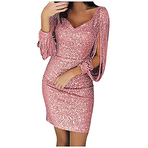 SZITOP Women's Fashion Sequins Strap Dress Backless Camisole Solid V-Neck High Slit Skirt Maxi Elegant Evening Party Dresses(K-Pink,Large)