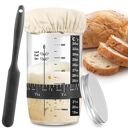 zunmial Sourdough Starter Jar, Sourdough Starter Kit with Date Marked Feeding Band, Thermometer, Cloth Cover & Metal Lid, Reusable Sourdough Bread Baking Supplies, Home Baking Supplies