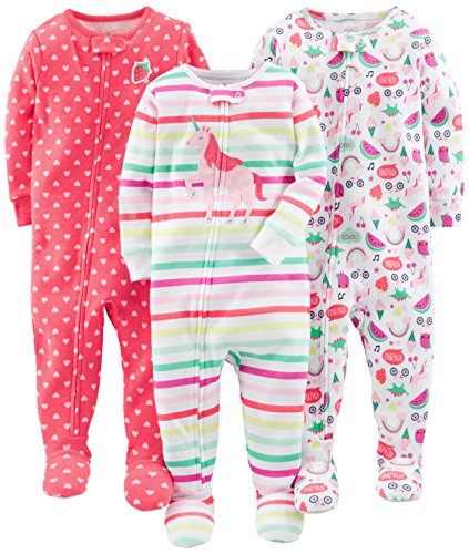 Simple Joys by Carter's Girls' 3-Pack Snug Fit Footed Cotton Pajamas, Coral Orange Hearts/Light Pink Fruit Print/White Unicorn, 12 Months