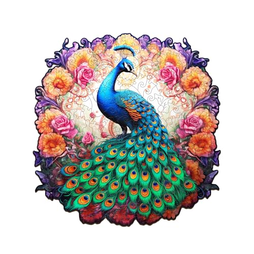 Jigfoxy Wooden Puzzle for Adults, Peacock Wooden Jigsaw Puzzles for Adults, Unique Animal Shape Wood Cut Puzzles for Family Friend Puzzle Lovers(S-8.2 * 8.4in-100pcs)