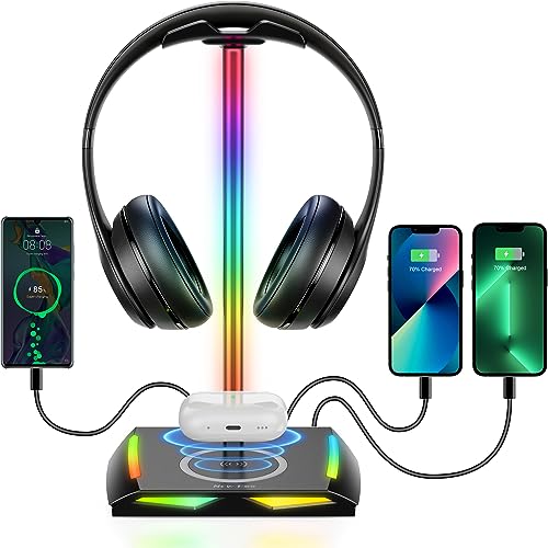 New bee RGB Headphone Stand with Wireless Charging and 2 USB-C & 1 USB Charging Ports, Desk Gaming Headset Holder with 7 Light Modes and Non-Slip Rubber Base Suitable for All Earphone Accessories