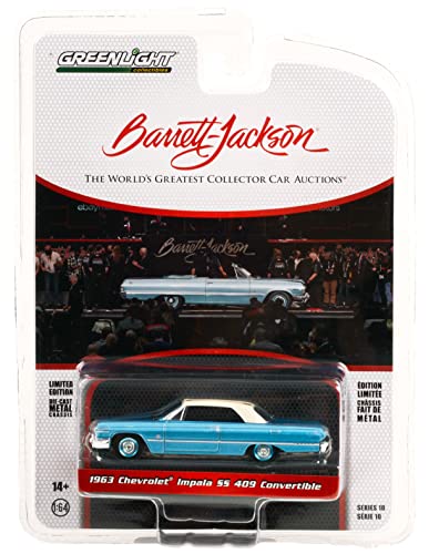 1963 Chevy Impala SS 409 Convertible Azure Aqua Blue Met. w/Cream Top (Lot #1119) Barrett-Jackson 1/64 Diecast Model Car by Greenlight 37260 B