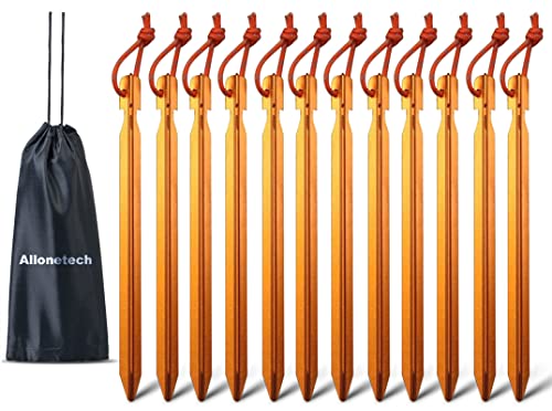 12 Pack Tent Stakes, 7075 Ground Metal Camping Aluminum Tent Pegs, Lightweight Tent Stakes Heavy Duty Spikes Camping Accessories, Orange