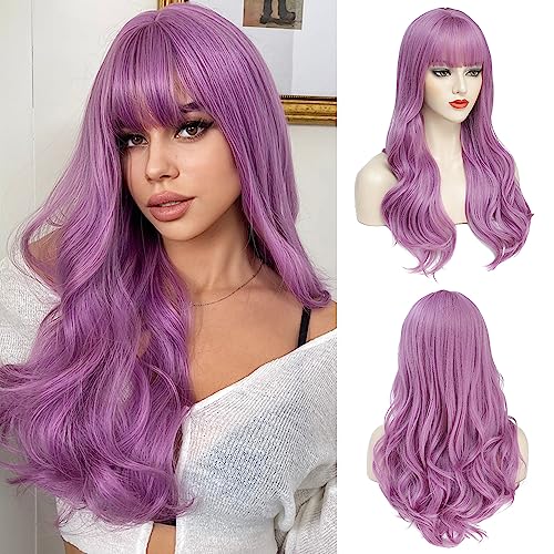 AISI QUEENS Purple Wigs for Women Long Purple Wig with Bangs purple wigs Purple Wavy Wigs Purple Synthetic Heat Resistant Wigs for Daily Cosplay Party Winter Holiday Wig（26inch,Purple）