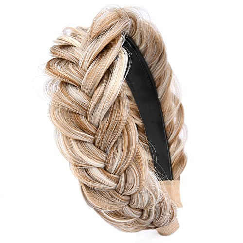 DIGUAN Wide Messy Braided Headband With Teeth Synthetic Hair Plaited Headband High Elasticity Braids Fishtail Braided Hair Band Hairpiece for Girls Women (Sandy Blonde)