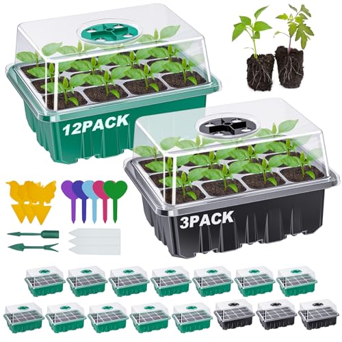 15 Packs Seed Starter Tray Kit, 180 Cells Total Tray, Seedling Starting Trays with Humidity Dome, Base Mini Greenhouse Kit for Seeds Growing Starting