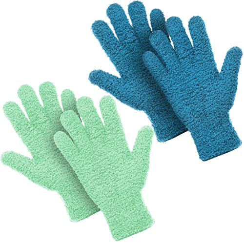 Patelai 2 Pairs Microfiber Gloves for plants Dusting Cleaning Glove Mittens House Cars Blinds Dusting(Blue, Grass Green, Large)