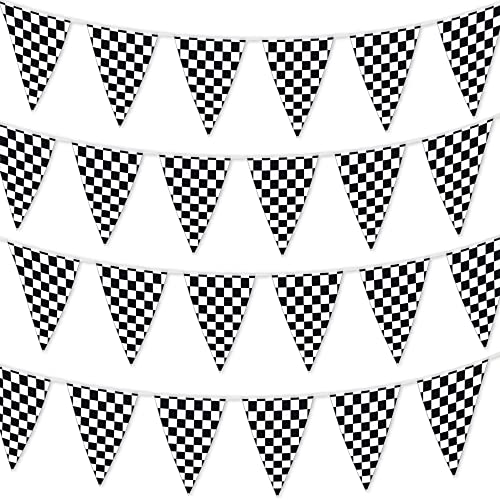 Checkered Flags Black and White 100’ FT Pennant Racing Banner | NASCAR Theme Party Decoration Plastic Flag | Race Car Parties Décor | Decorative Birthday BBQ Bar Hanging Accessories | 1 Banner