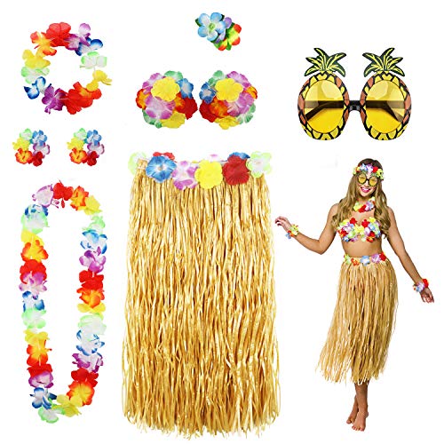 PHOGARY 8 Pack Hula Skirt Costume Kit for Hawaii Luau Party - Dancing Hula with Flower Bikini Top, Hawaiian Lei, Hibiscus Hair Clip, Pineapple Sunglasses for Women