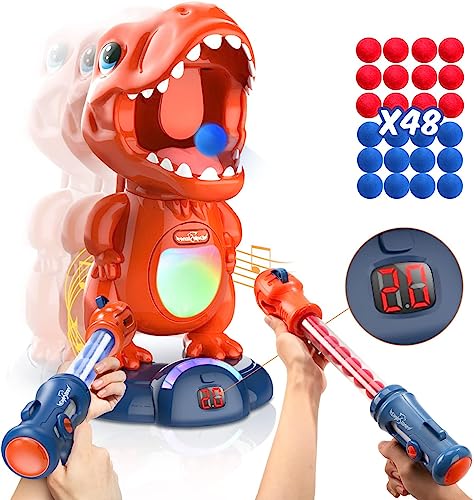 Movable Dinosaur Shooting Toys for Kids Games with 2 Air Pump Gun, Party Toys with Score Record, LED & Sound, 48 Foam Balls Electronic Target Practice Gift for Boys and Girls