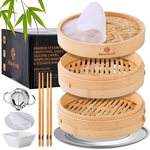KITCHENCRUST Bamboo Steamer Basket for Chinese Asian Cuisine - 2 Tier 10-Inch Steaming Basket Bun Vegetable Steamer, Dumpling Steamer bamboo steam basket, Sauce Dish, Chopsticks, Reusable Liners, Ring