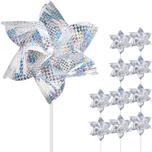 SUNPRO Reflective Pinwheels,10-Pack Extra Sparkly Pinwheels for Garden Decor, Pinwheels for Kids,Scare Birds Away from Garden Yard Patio Lawn Farm (10 Pack).