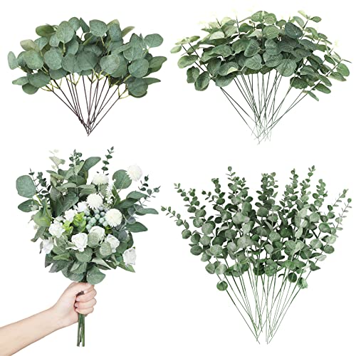 90 Pcs 3 Kinds Mixed Eucalyptus Leaves Stems Bulk Artificial Silver Dollar Eucalyptus Leaves Picks Dried Eucalyptus Bundle Faux Spray for Wedding Vase Bouquet Floral Arrangement Decor (Green)