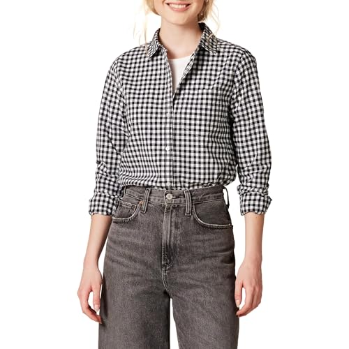 Amazon Essentials Women's Classic-Fit Long-Sleeve Button-Down Poplin Shirt, Black White Gingham, Medium