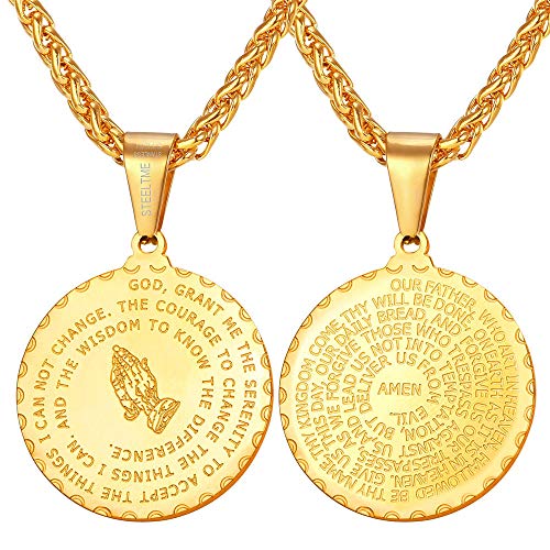 U7 Bible Verse Prayer Necklace 18K Gold Plated Christian Jewelry for Men Women Round Coin Praying Hands Medal Pendant with 22 Inch Chain
